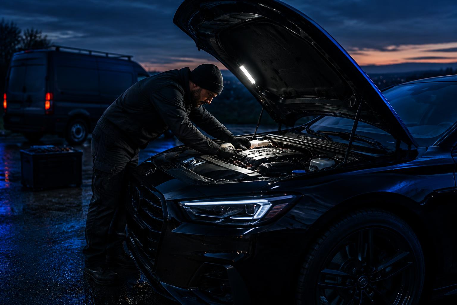 Mechanic working under the hood of a vehicle