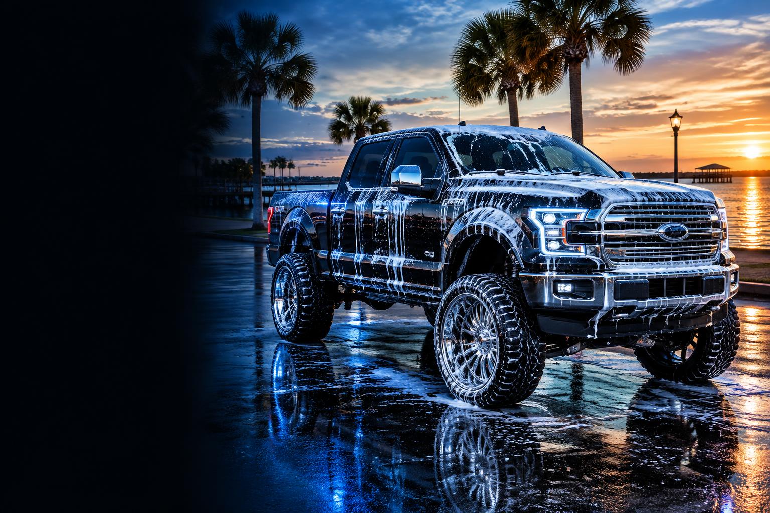Glossy black pickup receiving a premium foam wash on the Gulf Coast